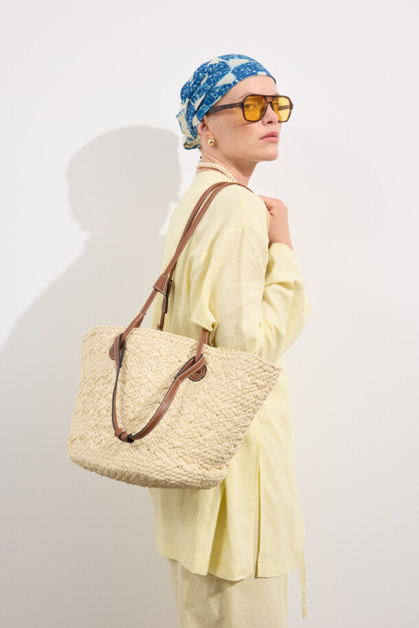 Aluna Tote Hasır Çanta Bej - EMNORA