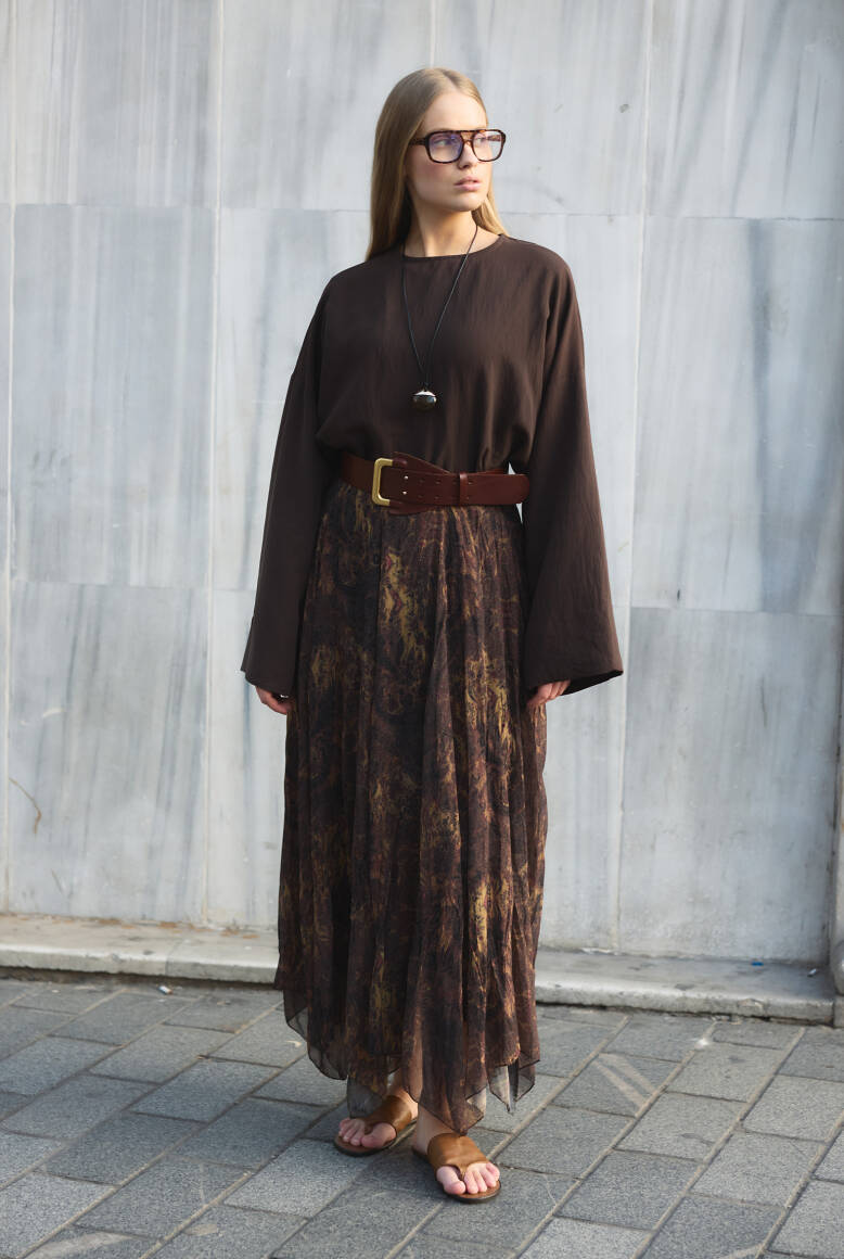 Asimetrik Şifon Etek Kahve - 4