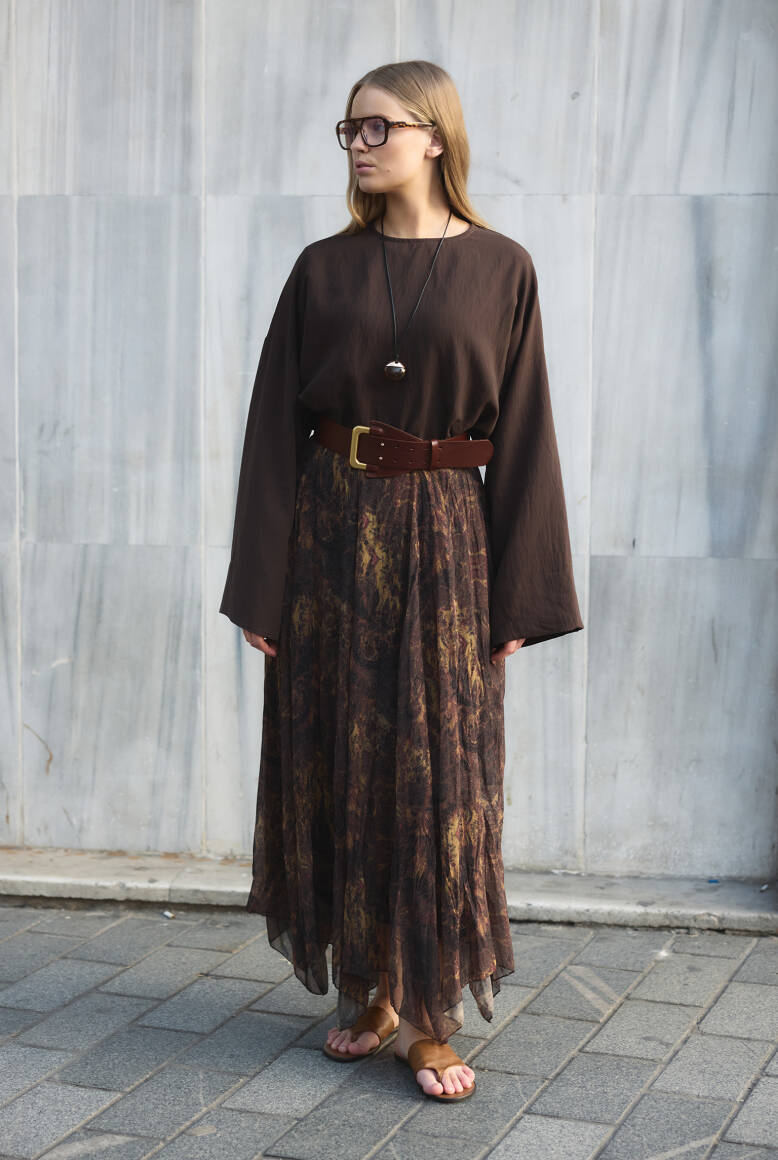 Asimetrik Şifon Etek Kahve - 6