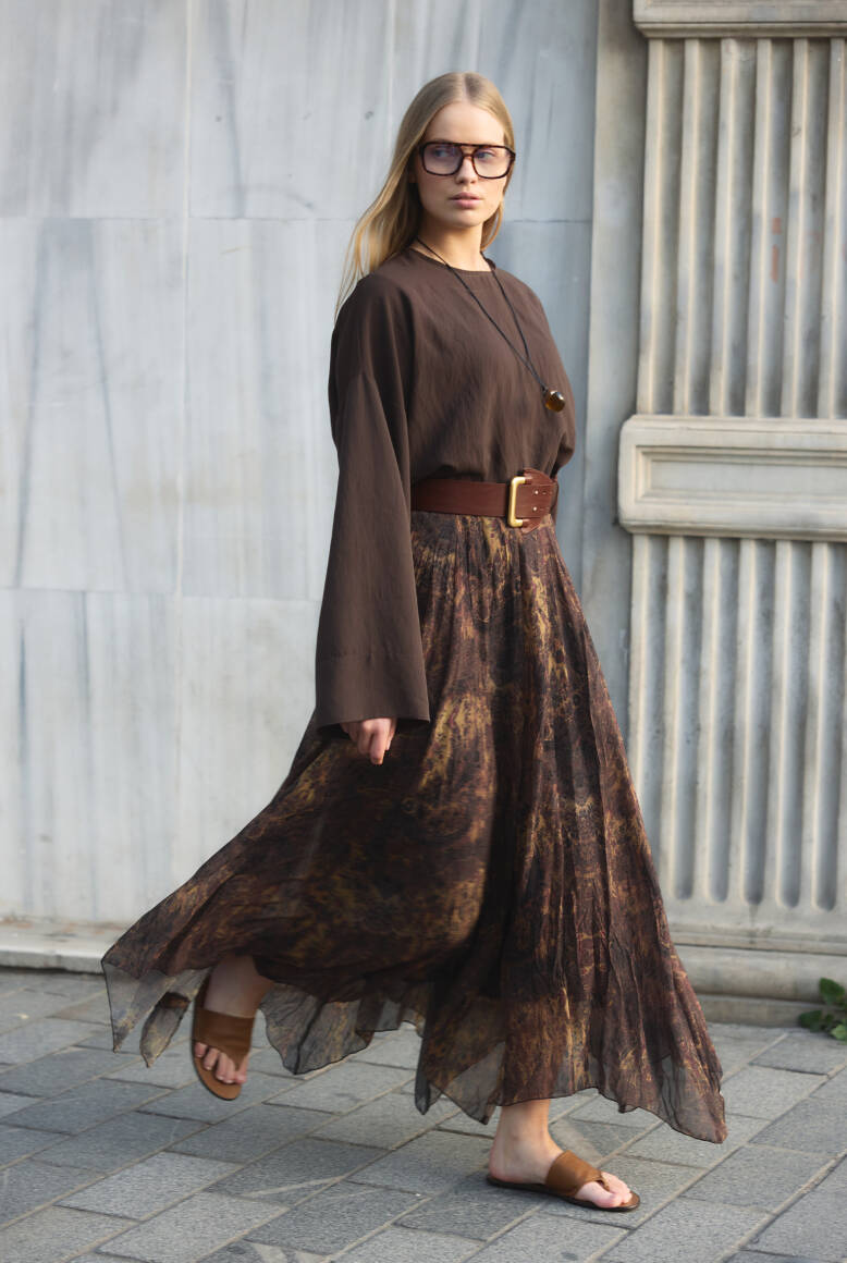 Asimetrik Şifon Etek Kahve - 1