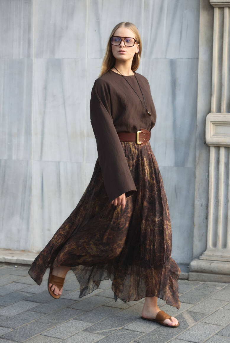 Asimetrik Şifon Etek Kahve - 7