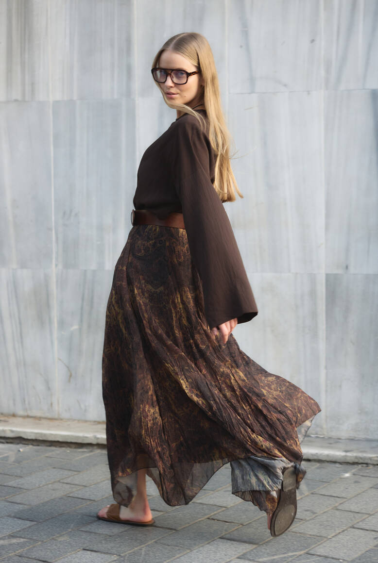 Asimetrik Şifon Etek Kahve - 3