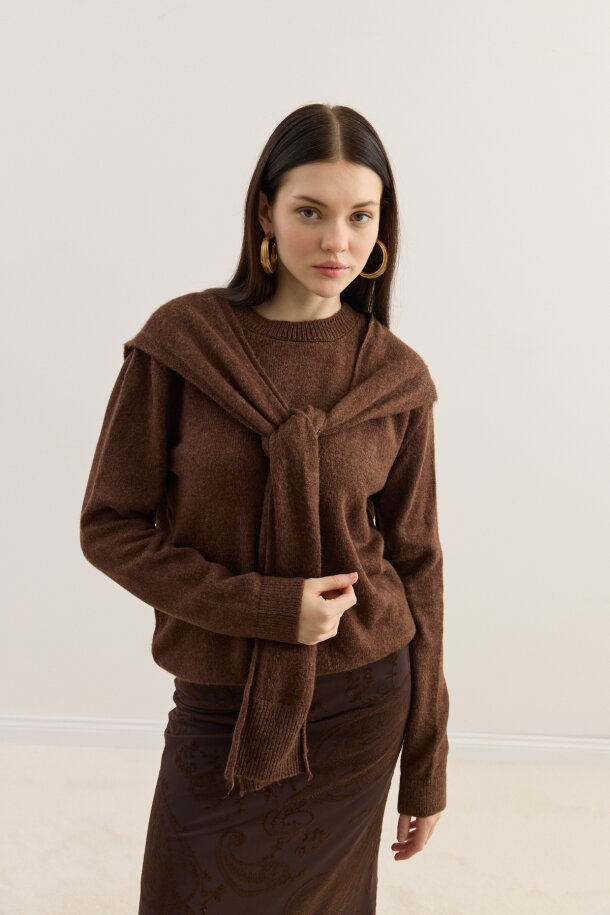 Atkılı Triko Kazak Acı Kahve - EMNORA