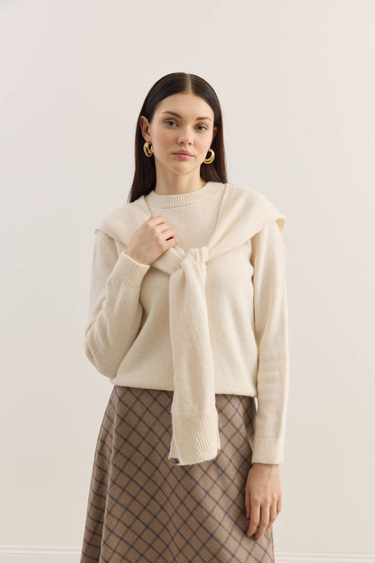 Atkılı Triko Kazak Bej - EMNORA