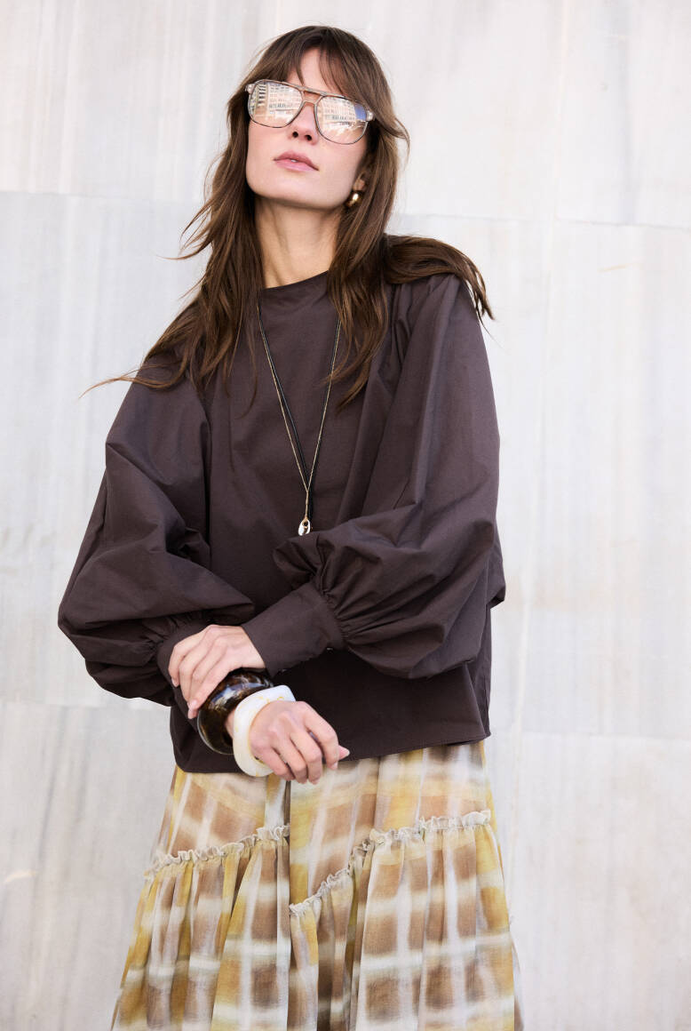 Balon Kol Premium Poplin Gömlek Acı Kahve - 1