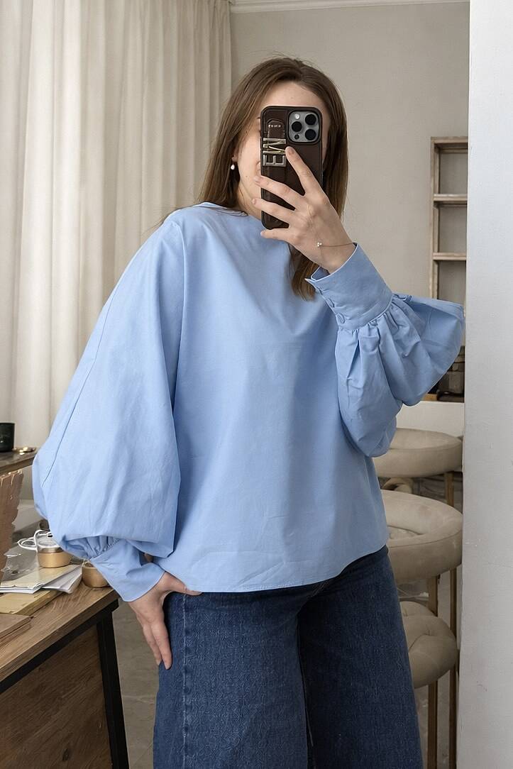 Balon Kol Premium Poplin Gömlek Mavi - 2