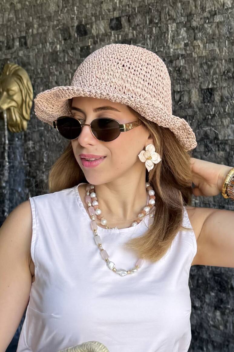 Basic Örgü Bucket Hasır Şapka Pudra - 11