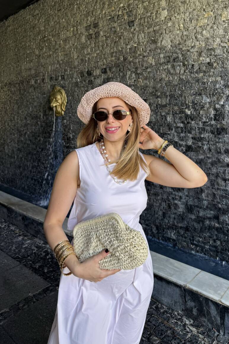 Basic Örgü Bucket Hasır Şapka Pudra - 12