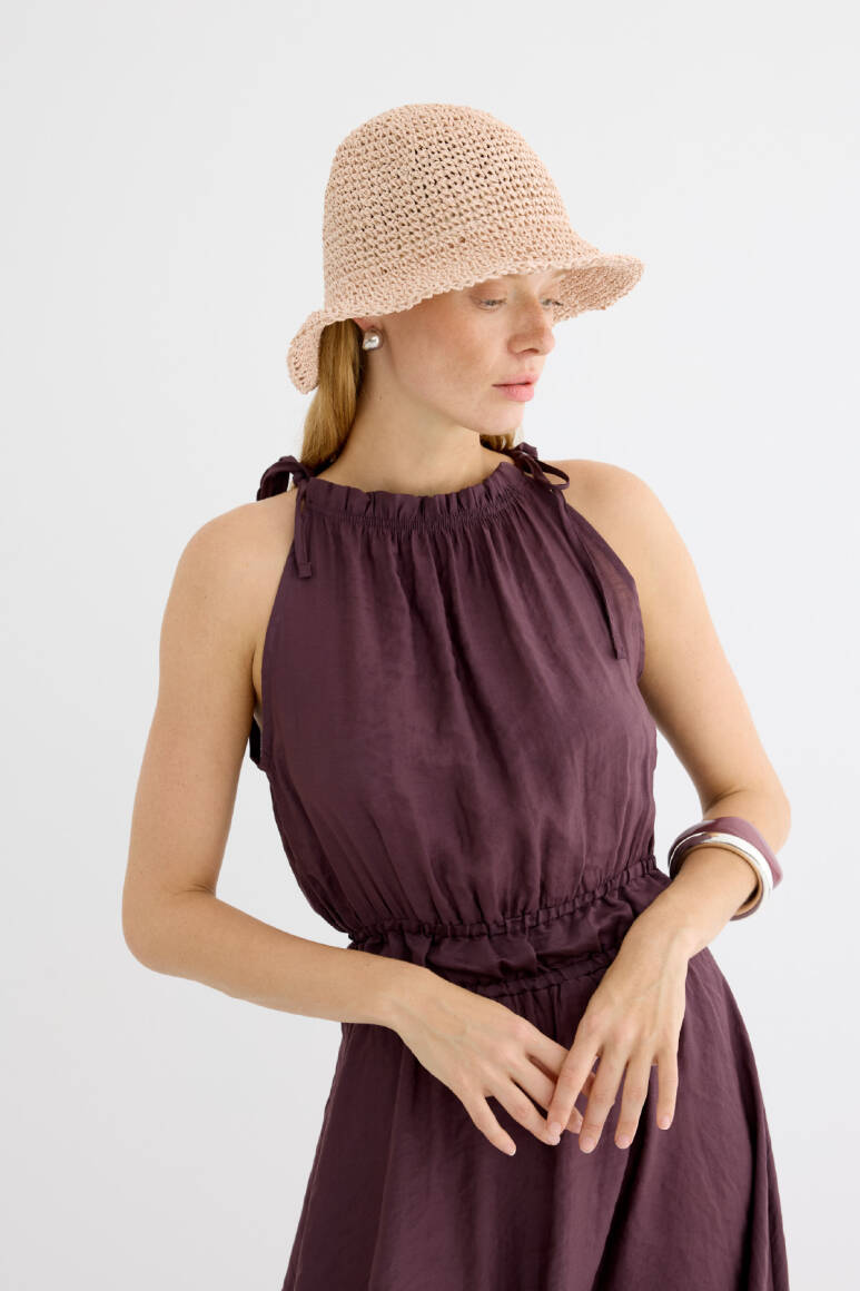 Basic Örgü Bucket Hasır Şapka Pudra - 9