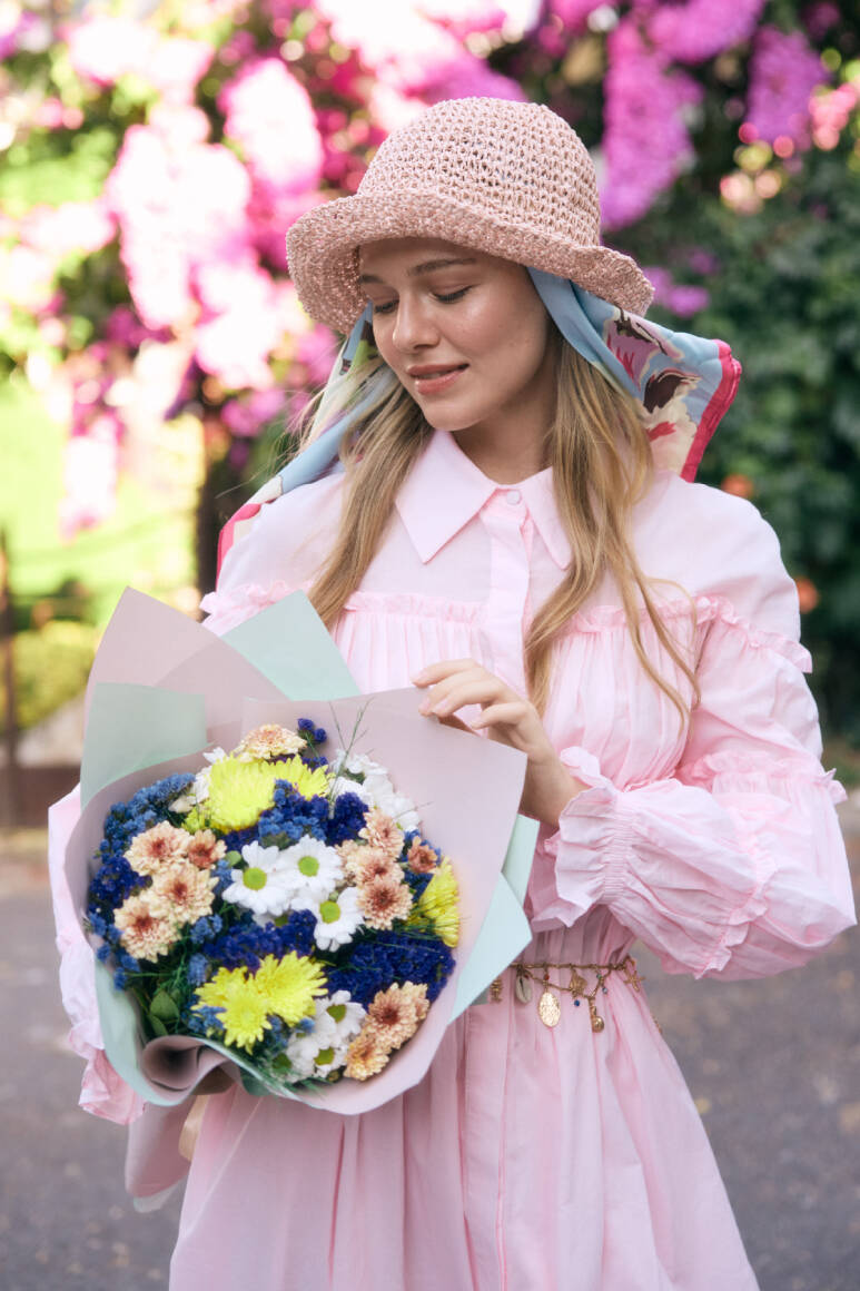 Basic Örgü Bucket Hasır Şapka Pudra - EMNORA