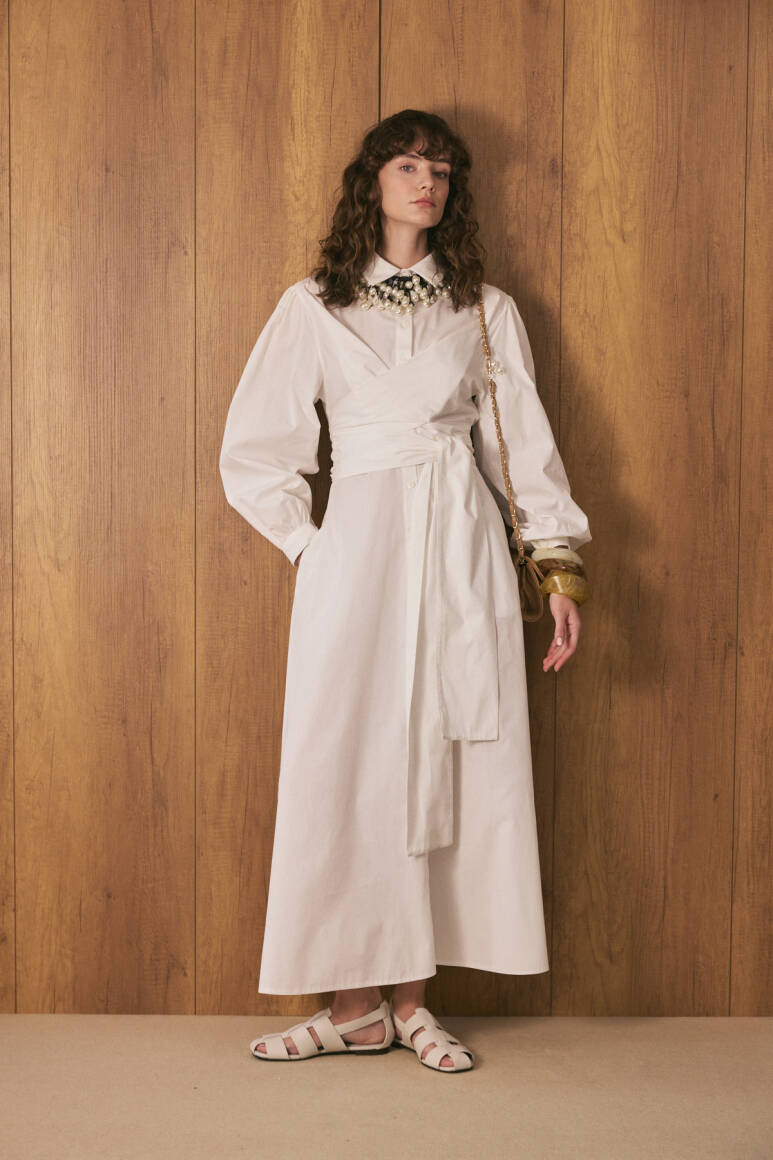 Belden Bağlamalı Poplin Elbise Beyaz - EMNORA