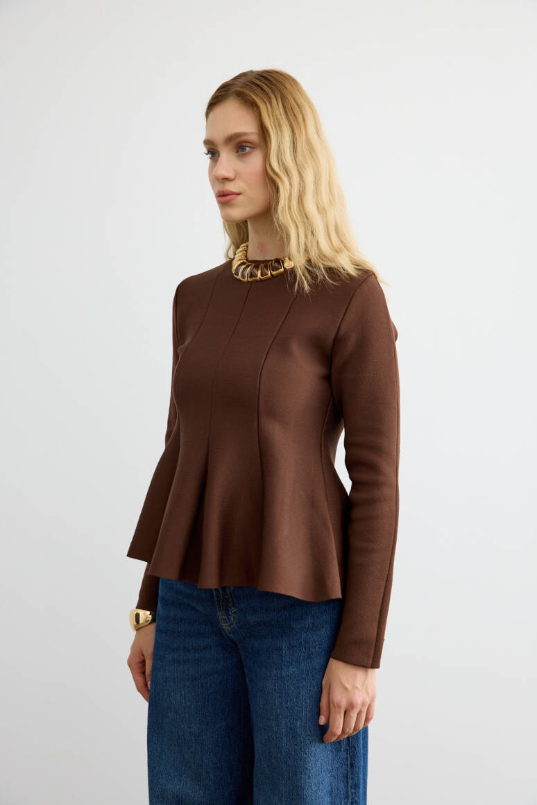 Belden Oturtmalı Triko Bluz Acı Kahve - 5