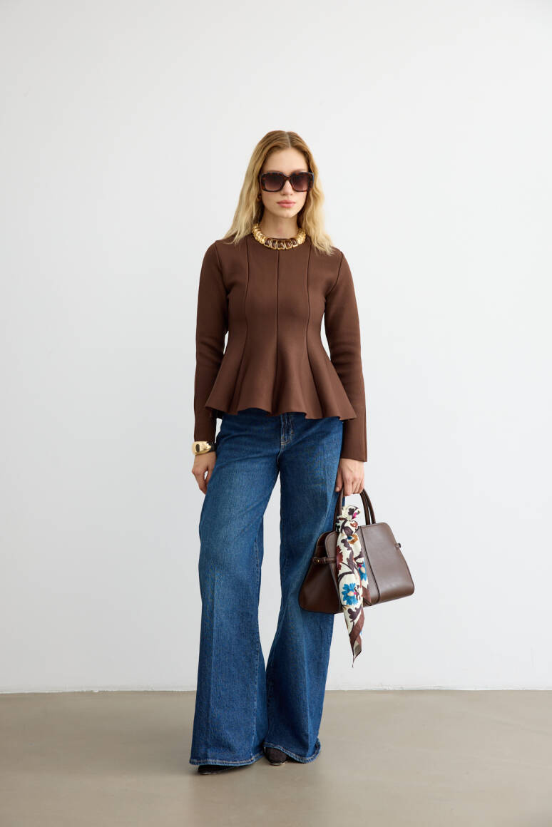 Belden Oturtmalı Triko Bluz Acı Kahve - 2