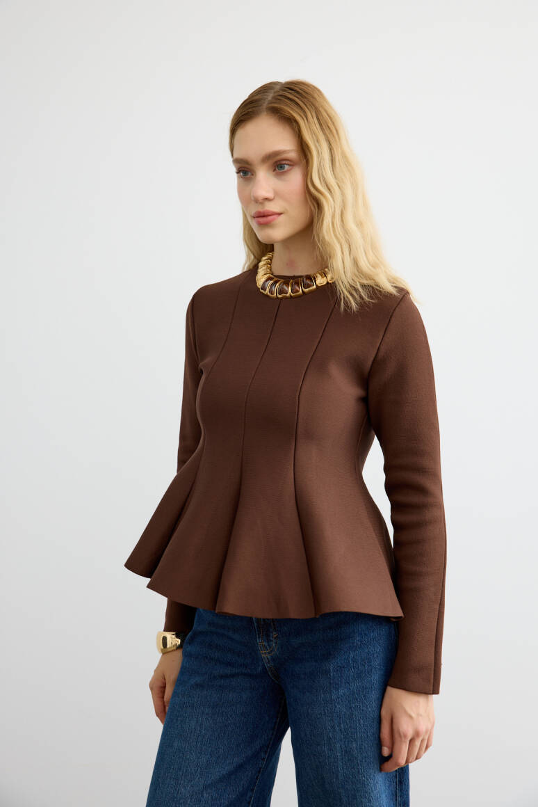 Belden Oturtmalı Triko Bluz Acı Kahve - 6