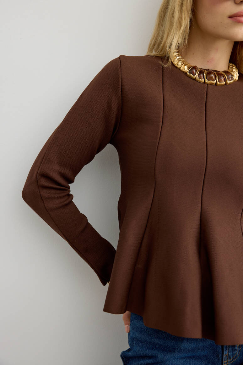 Belden Oturtmalı Triko Bluz Acı Kahve - 4