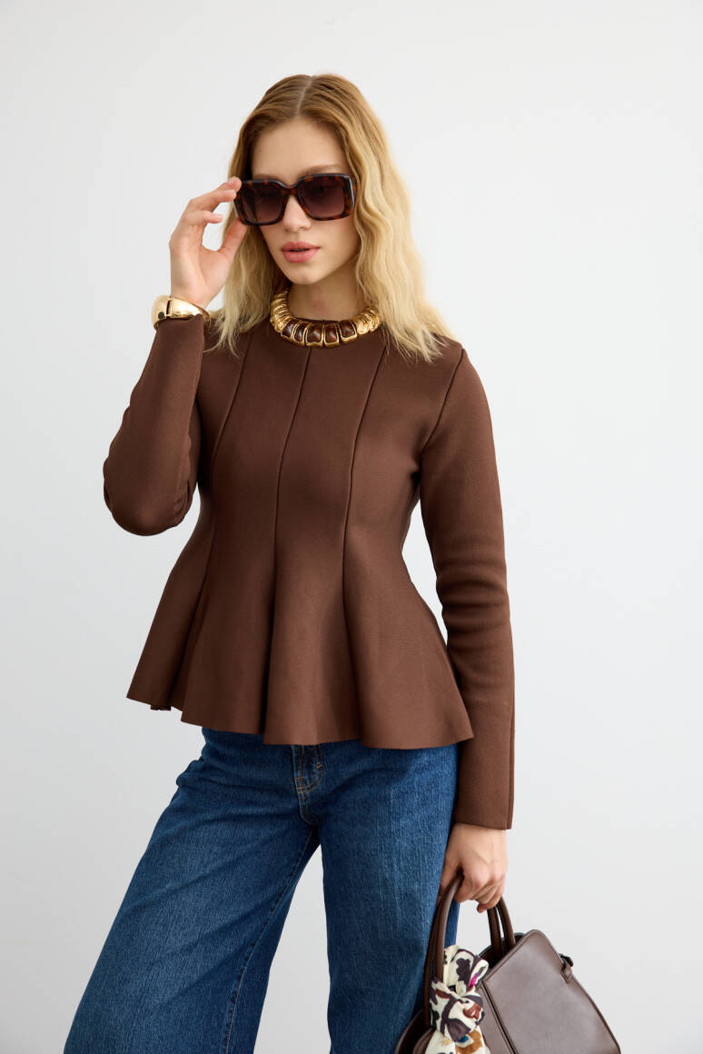 Belden Oturtmalı Triko Bluz Acı Kahve - 1