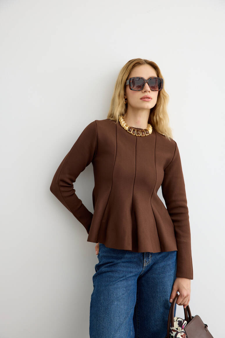 Belden Oturtmalı Triko Bluz Acı Kahve - 3