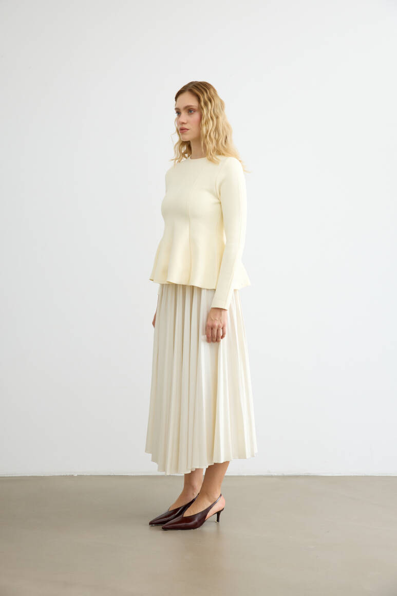 Belden Oturtmalı Triko Bluz Bej - 3