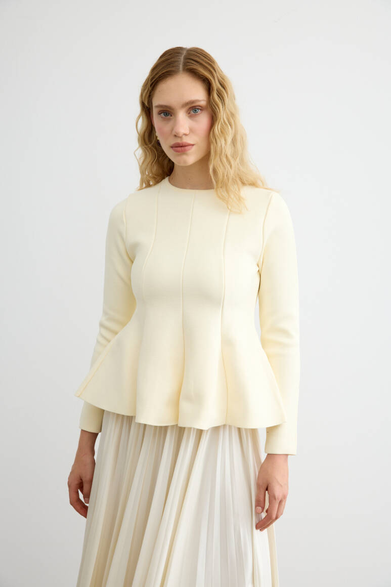 Belden Oturtmalı Triko Bluz Bej - 1