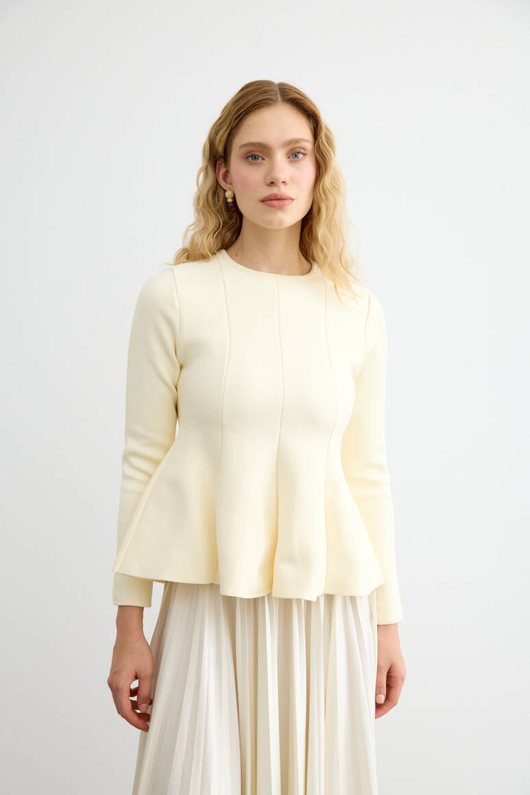 Belden Oturtmalı Triko Bluz Bej - 5