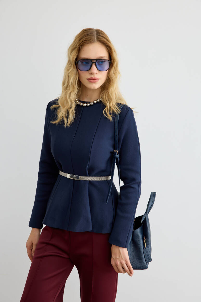 Belden Oturtmalı Triko Bluz Lacivert - 4