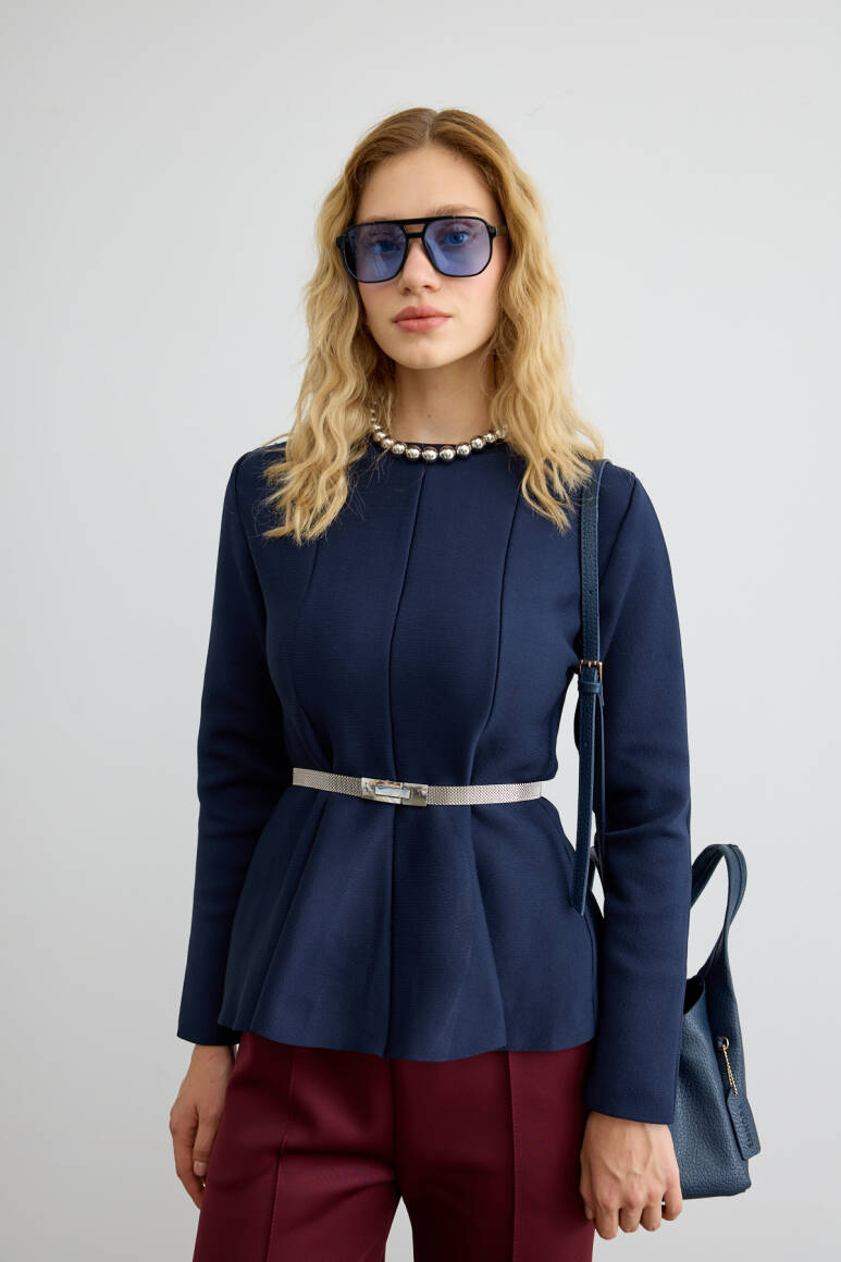 Belden Oturtmalı Triko Bluz Lacivert - 1