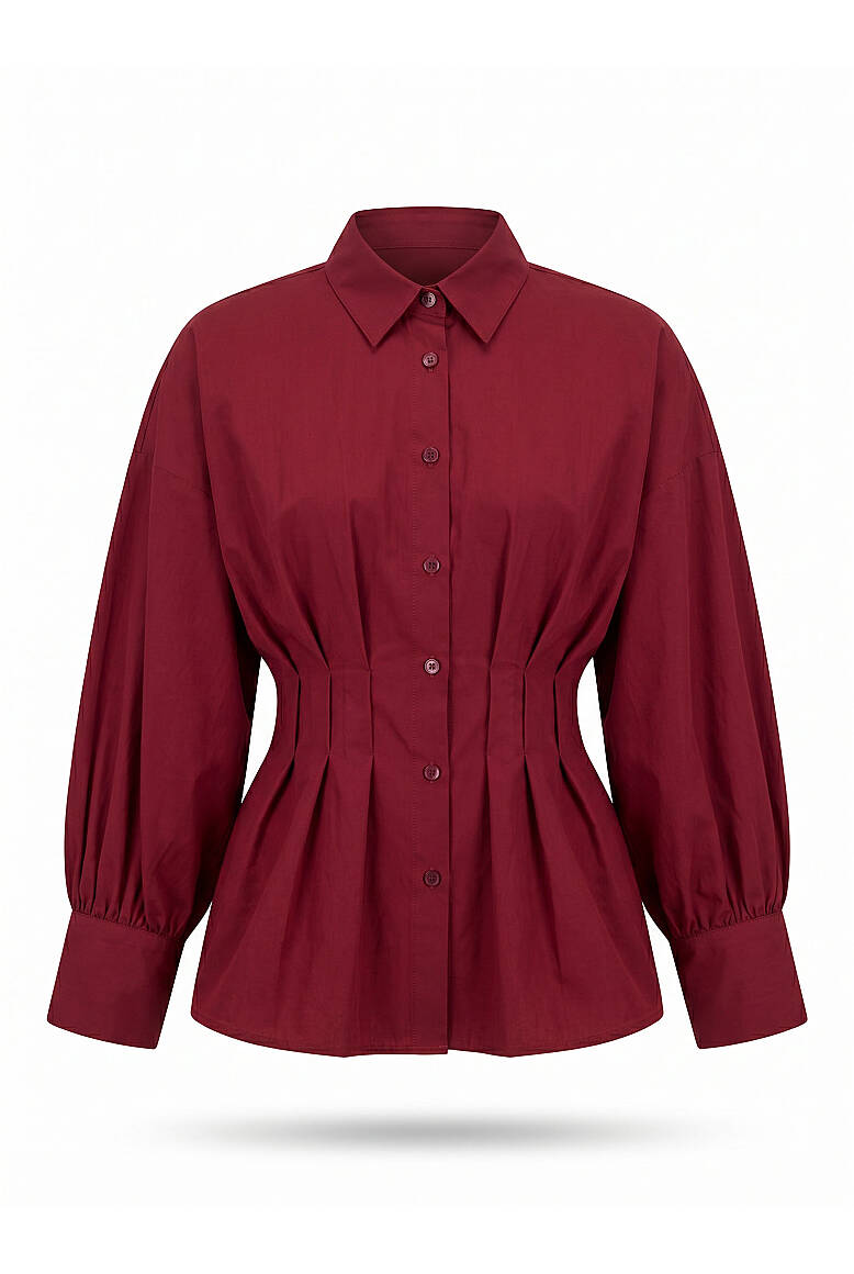 Belden Pile Detaylı Poplin Gömlek Bordo - EMNORA