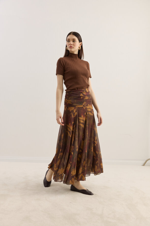 Beli Büzgülü Godeli Şifon Etek Yaprak Desen - EMNORA (1)