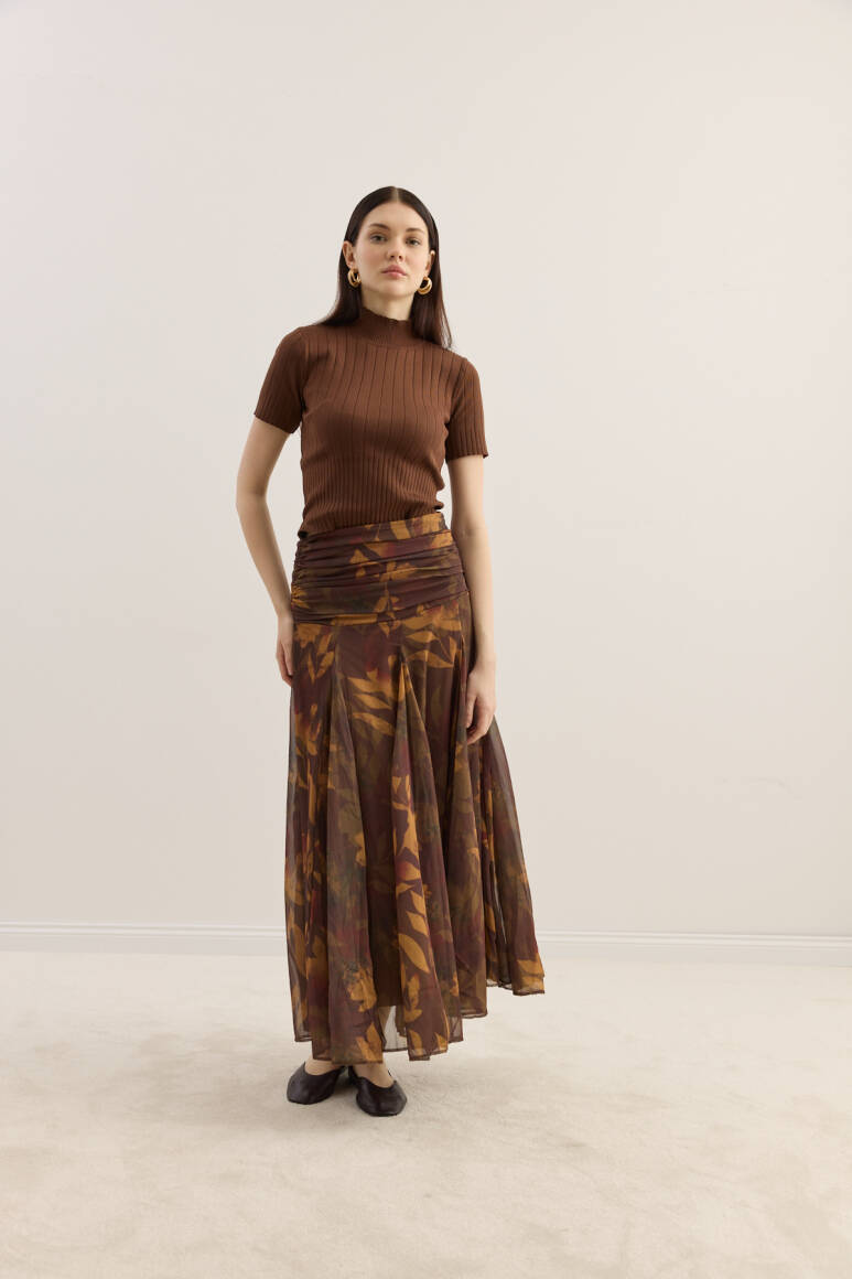 Beli Büzgülü Godeli Şifon Etek Yaprak Desen - 1