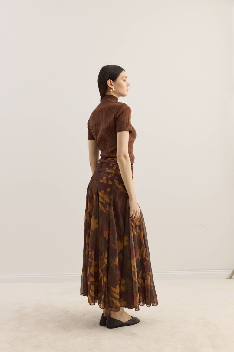 Beli Büzgülü Godeli Şifon Etek Yaprak Desen - 4