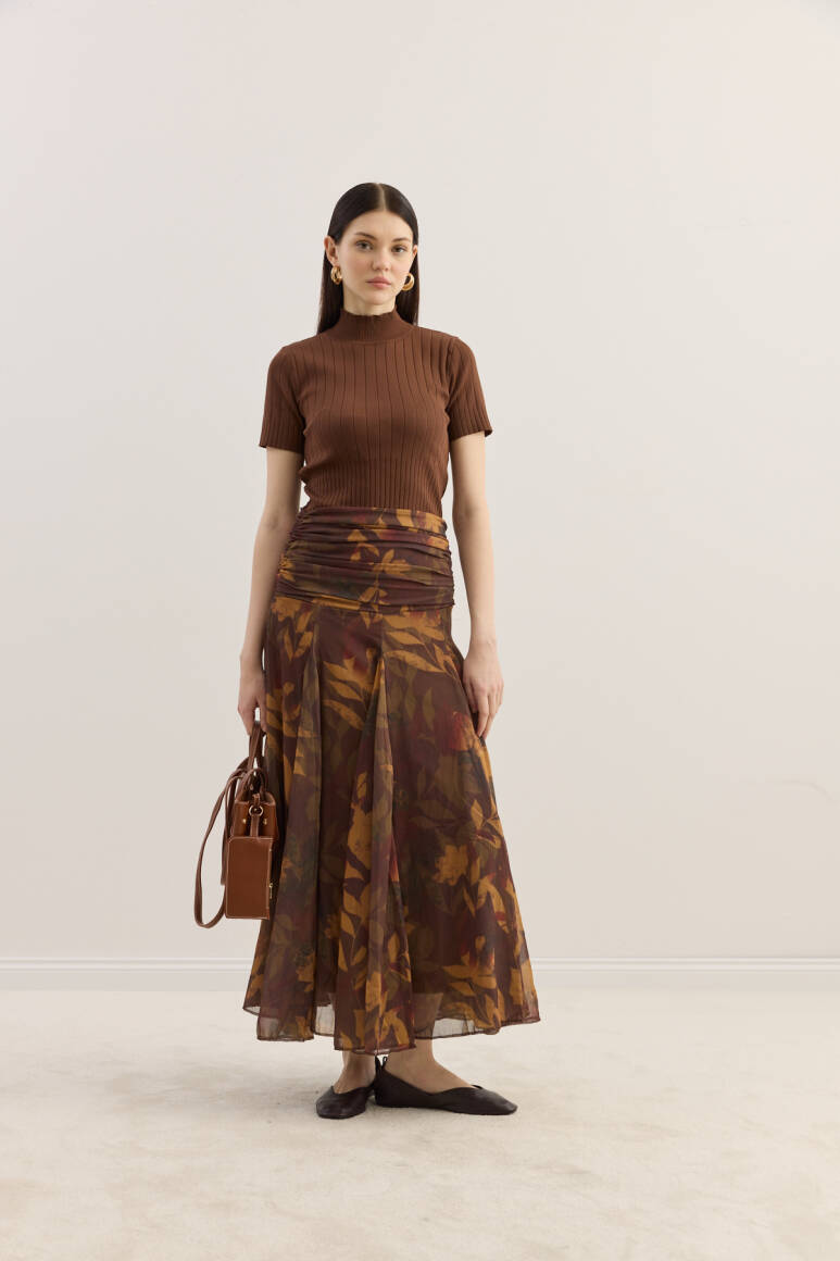 Beli Büzgülü Godeli Şifon Etek Yaprak Desen - 5