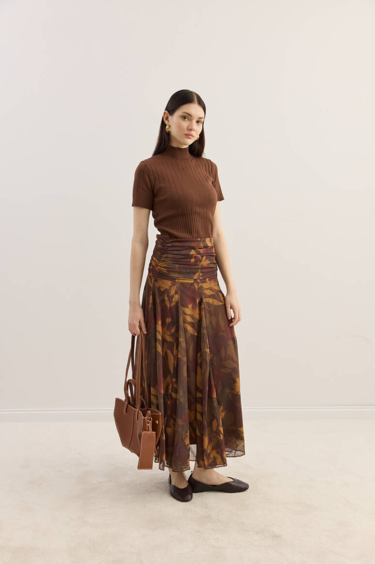 Beli Büzgülü Godeli Şifon Etek Yaprak Desen - 6