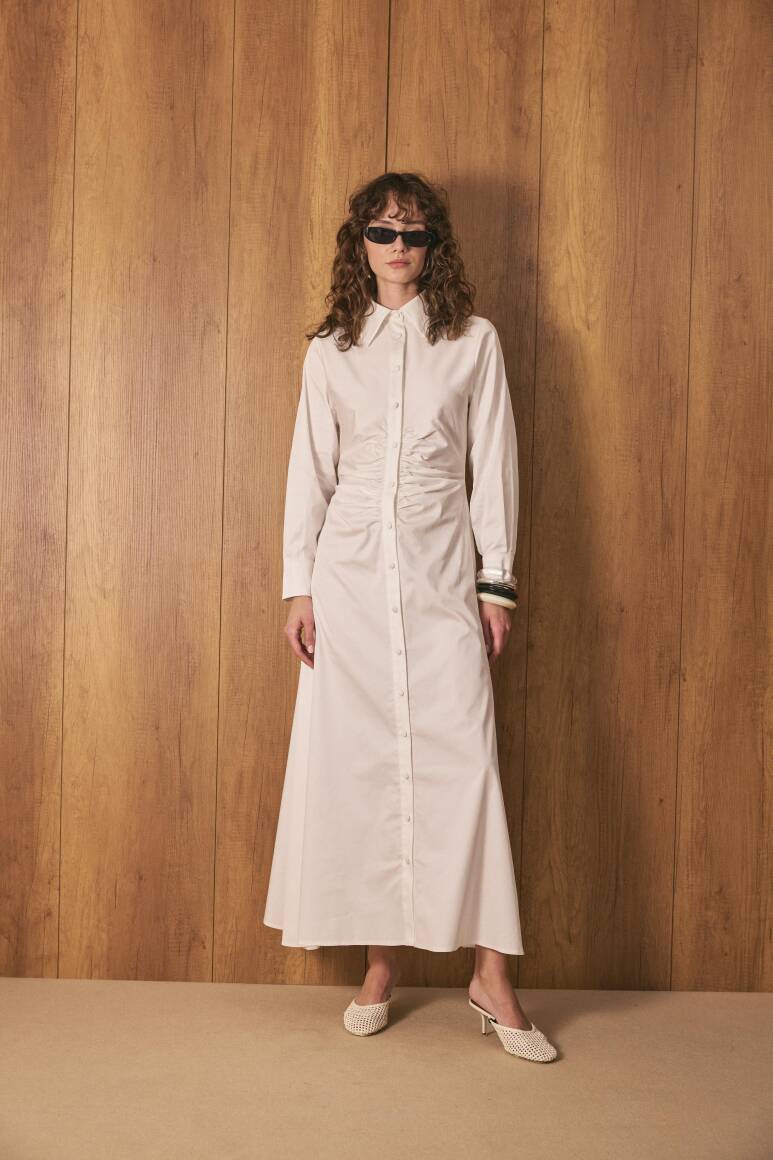 Beli Büzgülü Premium Poplin Elbise Beyaz - EMNORA