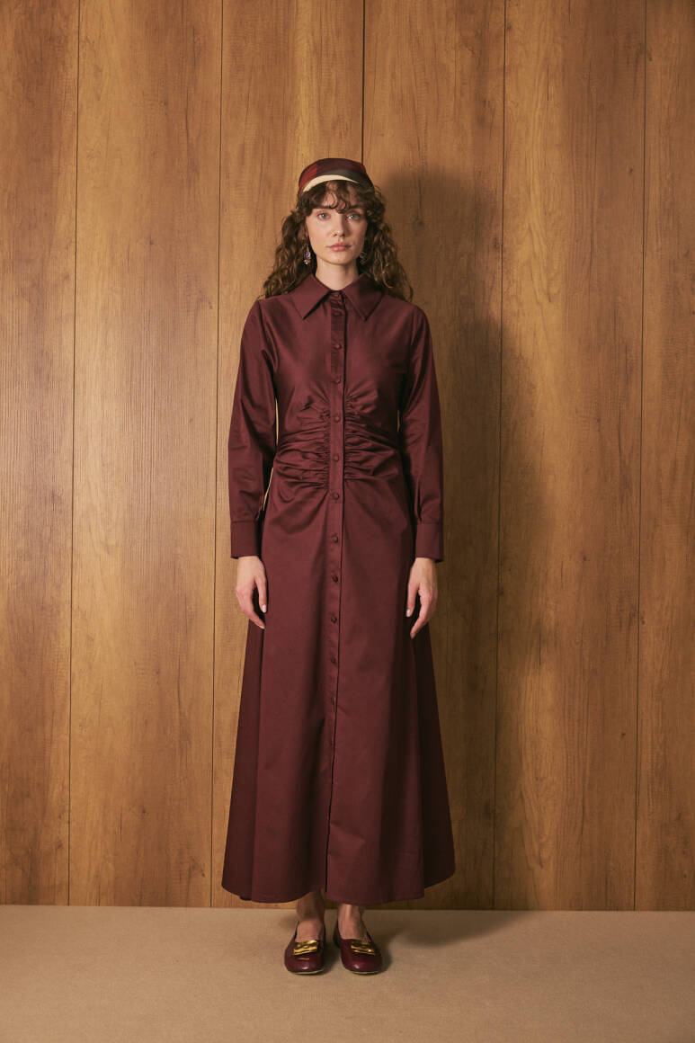 Beli Büzgülü Premium Poplin Elbise Burgonya - EMNORA