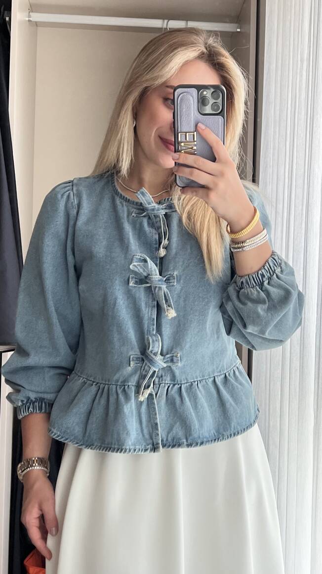 Bella Fiyonklu Denim Gömlek Mavi - 6