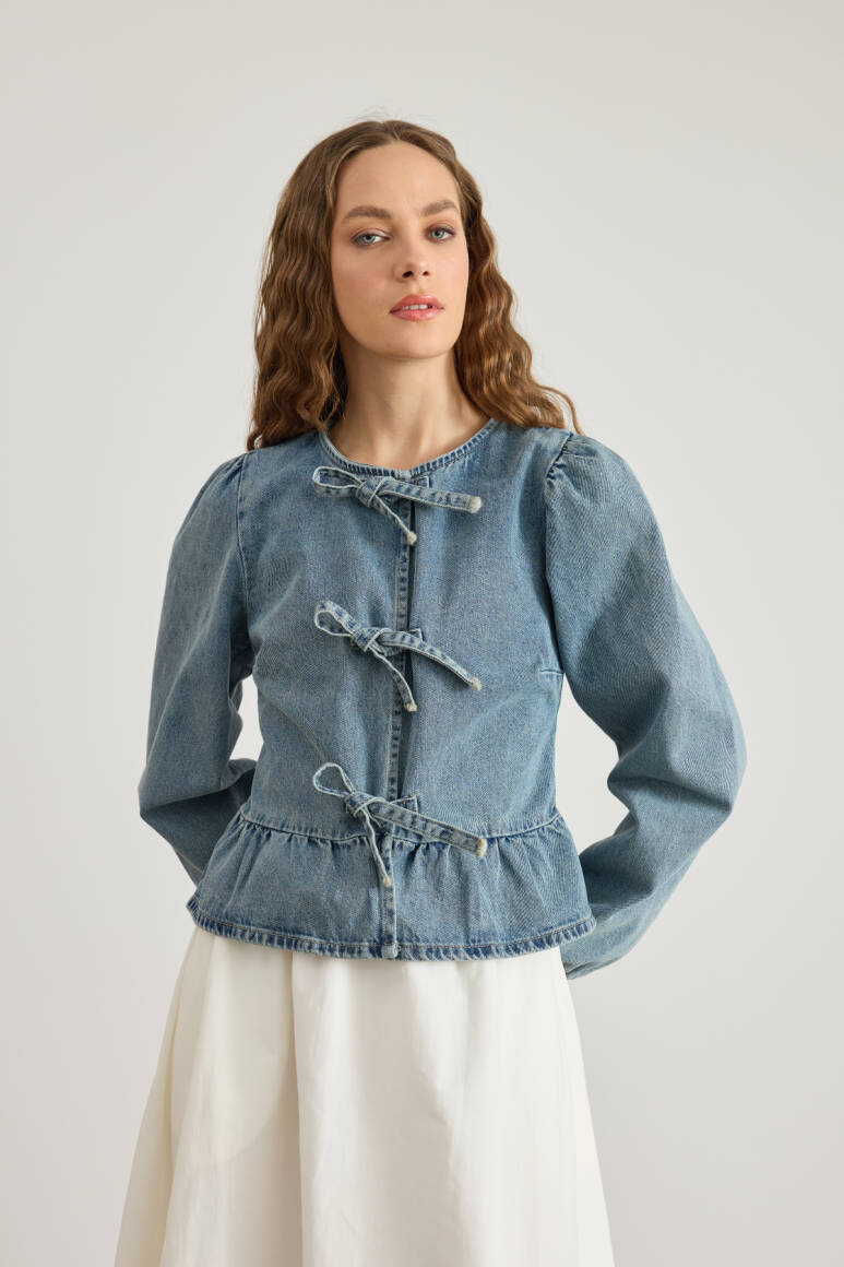 Bella Fiyonklu Denim Gömlek Mavi - 1