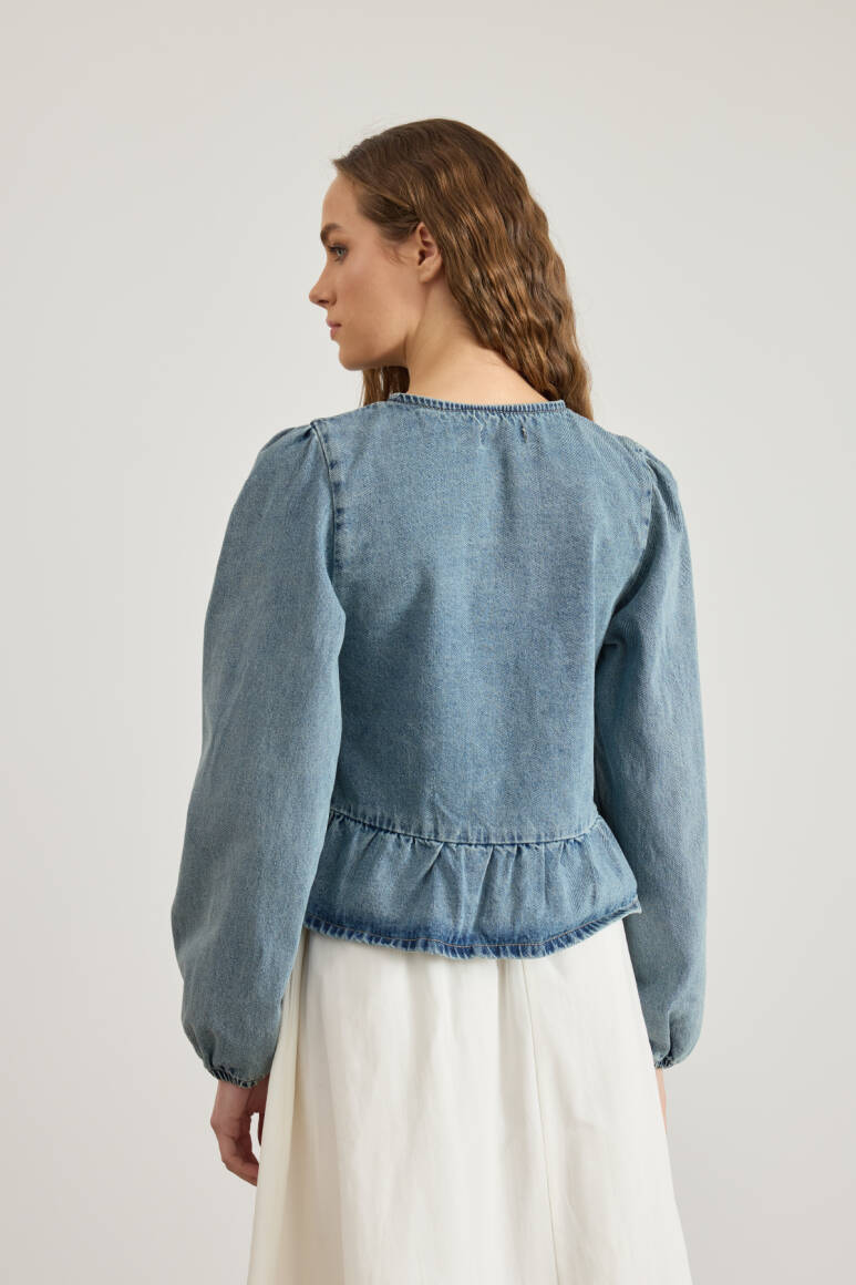 Bella Fiyonklu Denim Gömlek Mavi - 3