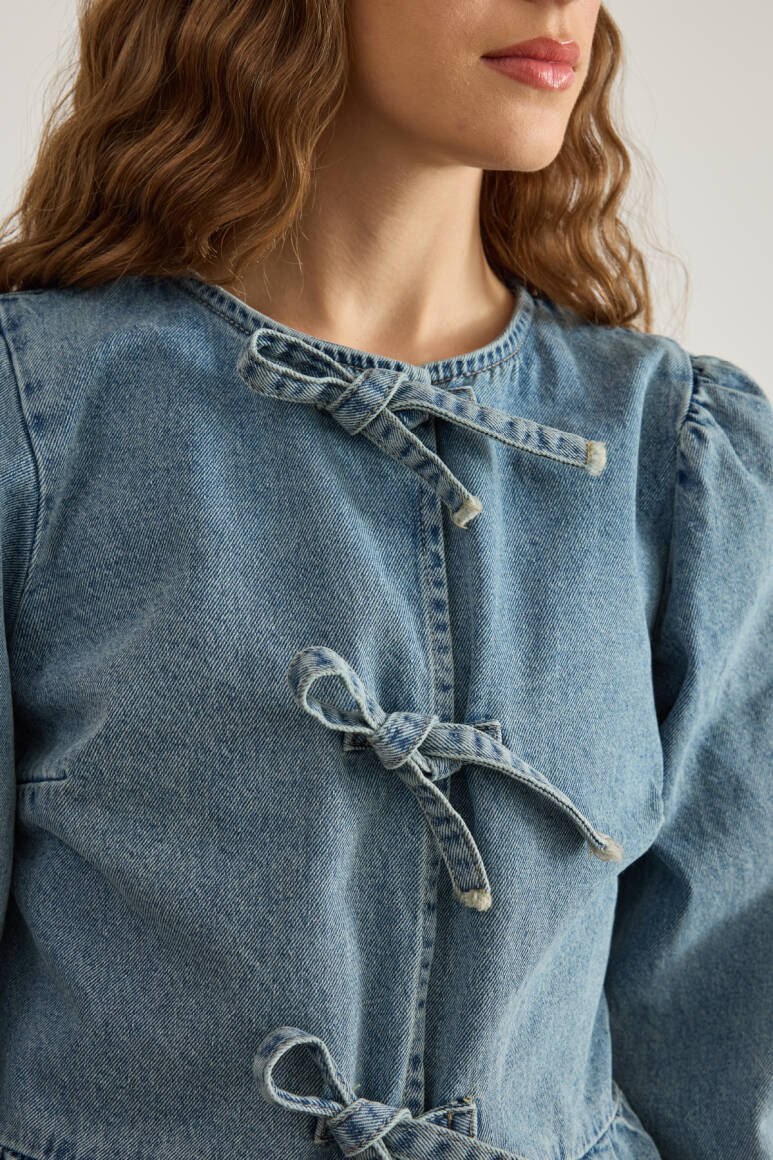 Bella Fiyonklu Denim Gömlek Mavi - 5