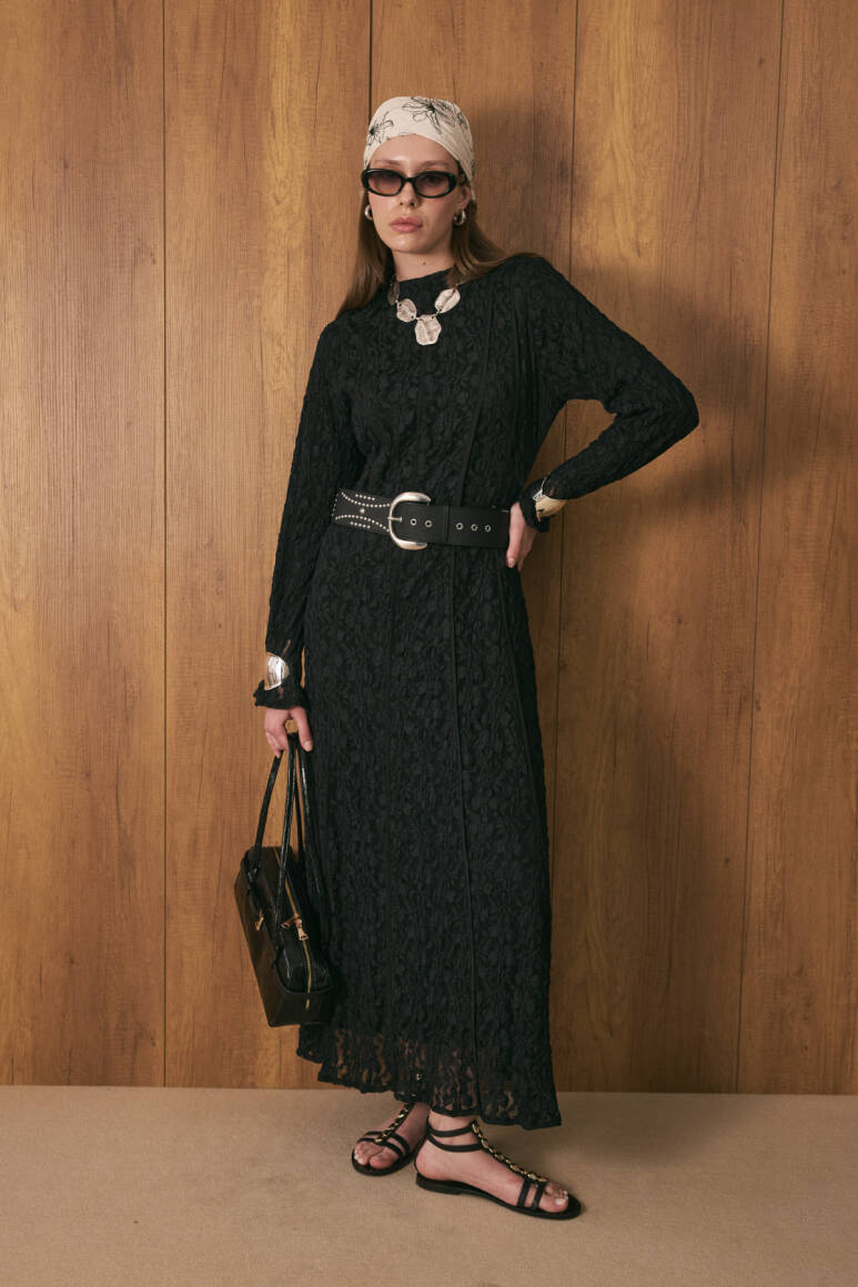 Biyeli Premium Dantel Elbise Siyah - EMNORA