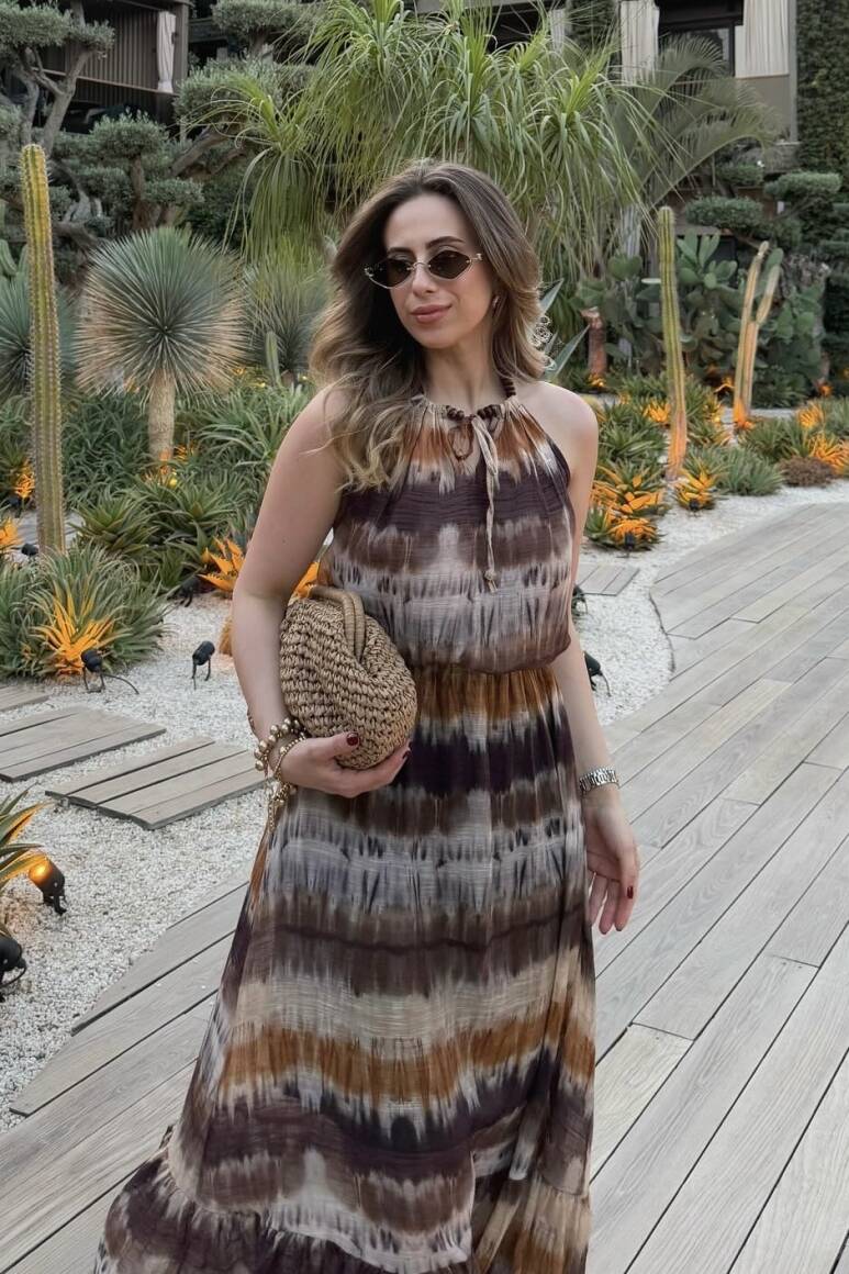 Boncuklu Batik Desen Bluz Kahve - EMNORA