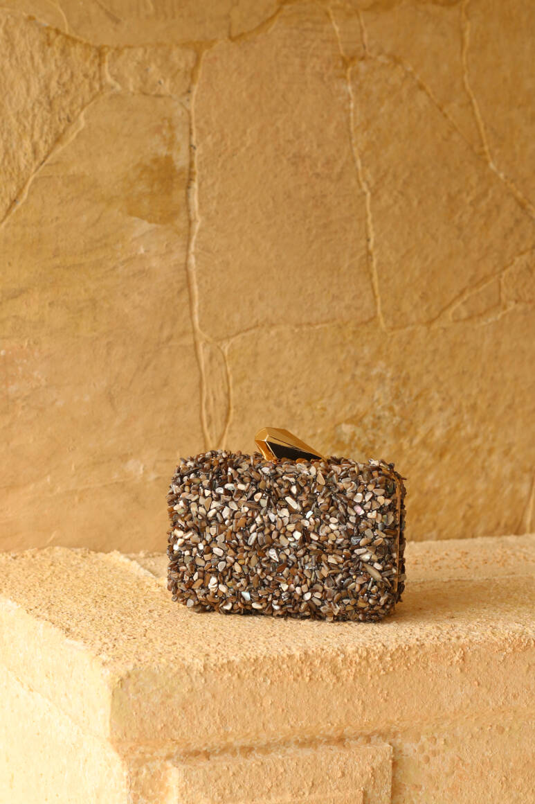 Brightness Taşlı Clutch Çanta Tozlu Kahve - 5