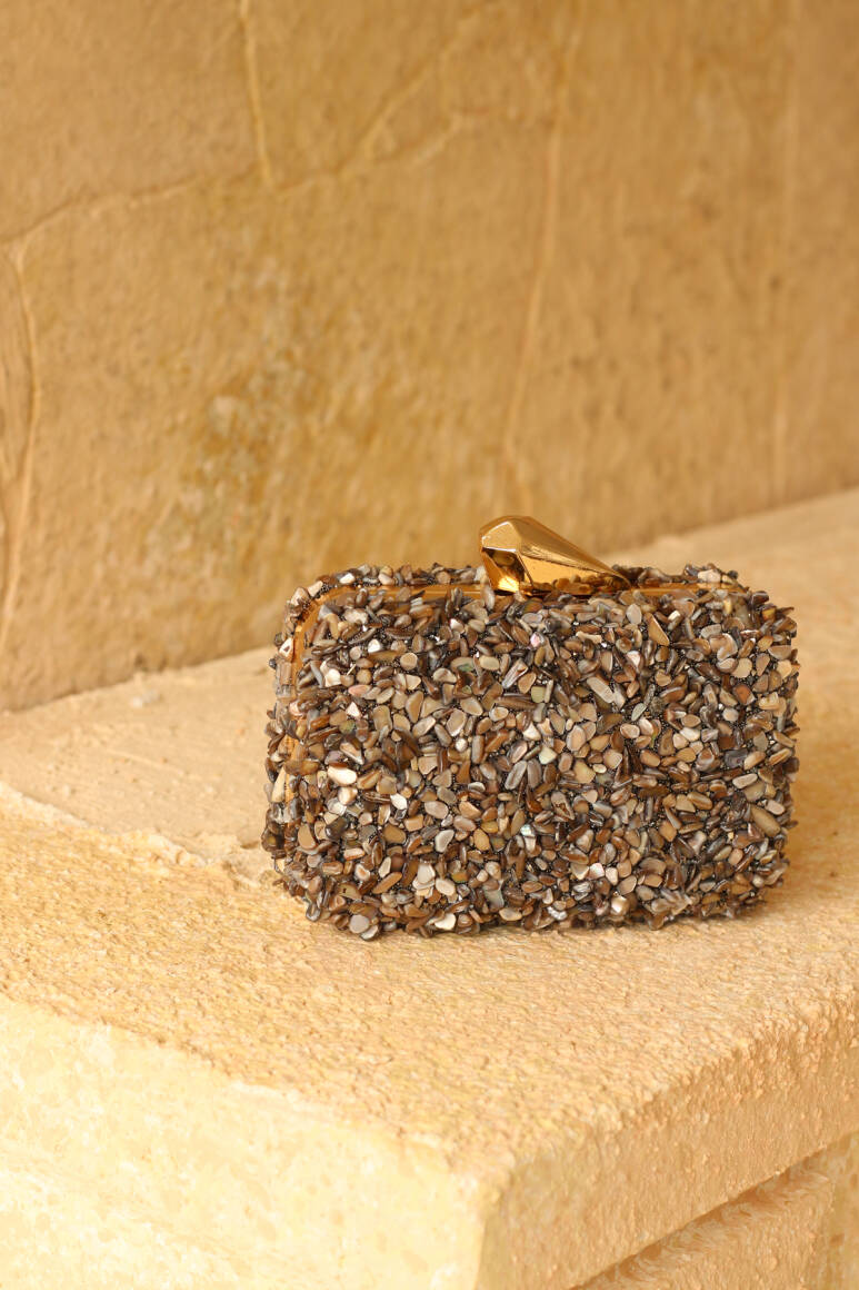 Brightness Taşlı Clutch Çanta Tozlu Kahve - 4