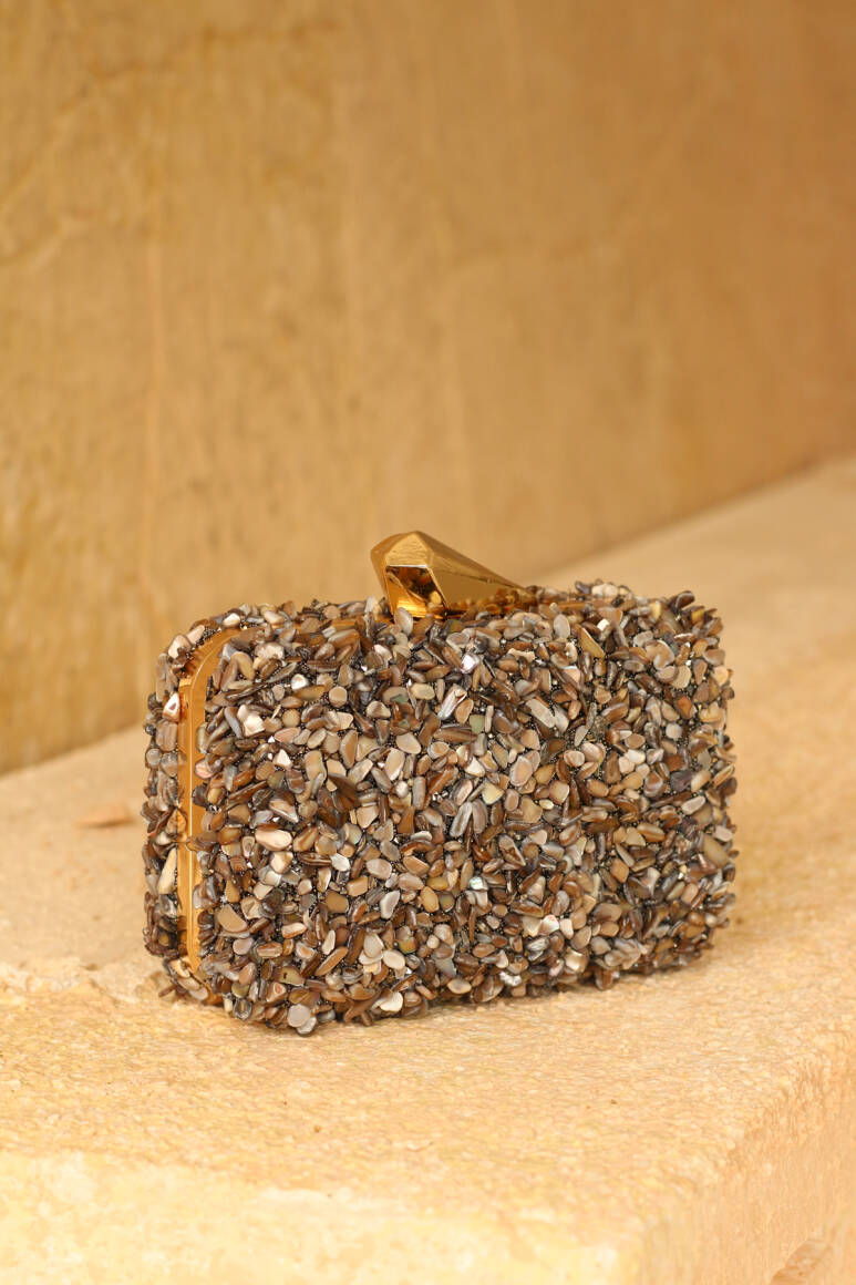 Brightness Taşlı Clutch Çanta Tozlu Kahve - 2