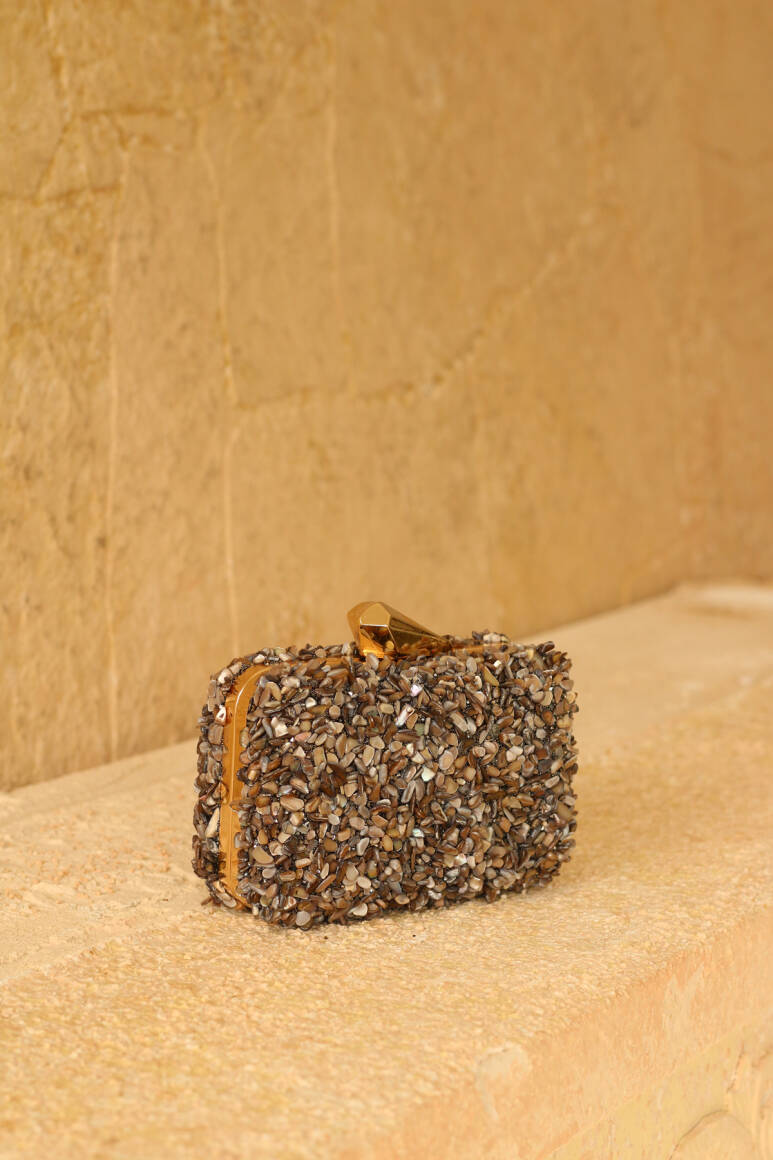 Brightness Taşlı Clutch Çanta Tozlu Kahve - 1