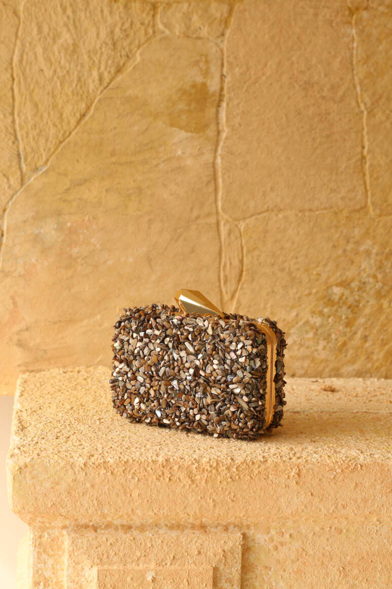 Brightness Taşlı Clutch Çanta Tozlu Kahve - 6