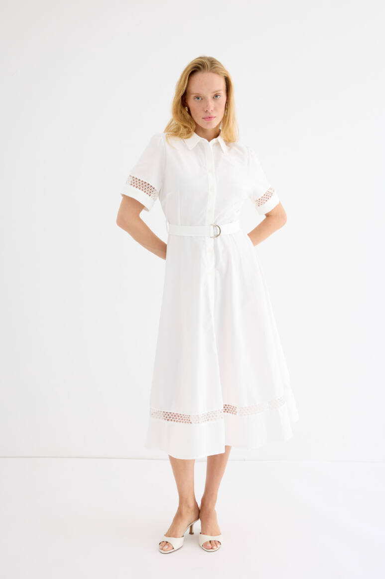 Brode Detaylı Poplin Gömlek Elbise Beyaz - EMNORA