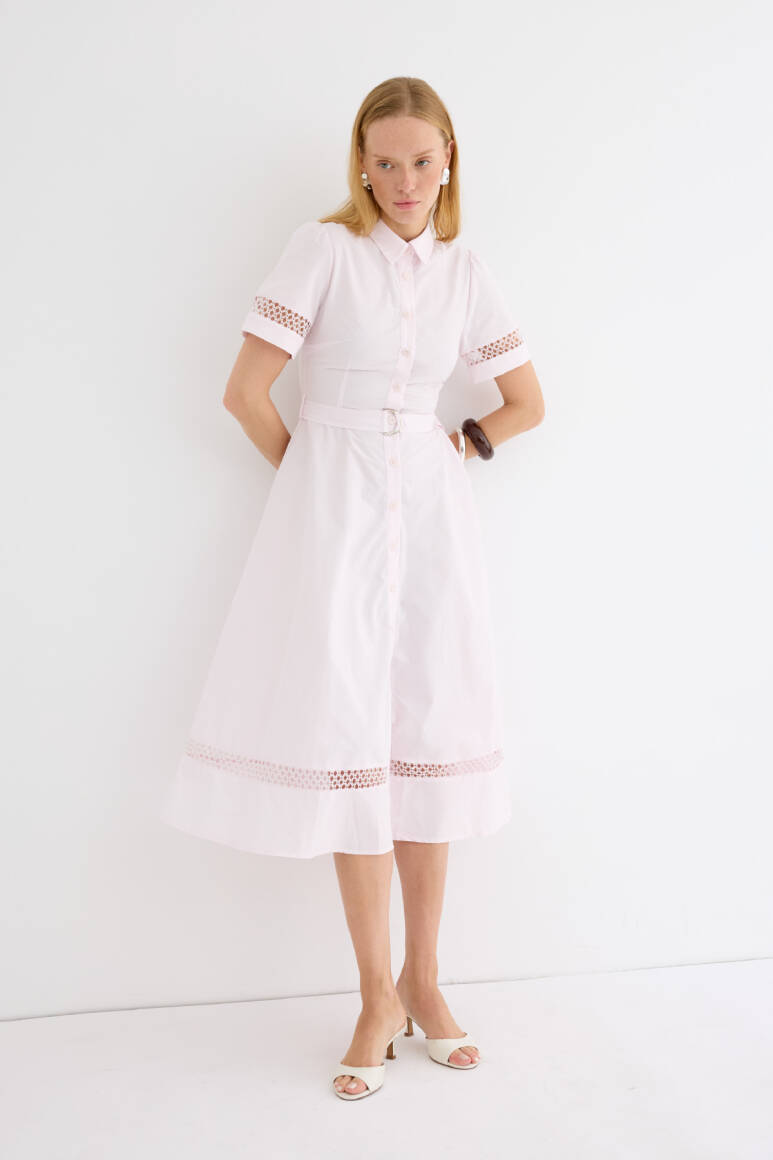 Brode Detaylı Poplin Gömlek Elbise Soft Pembe - EMNORA