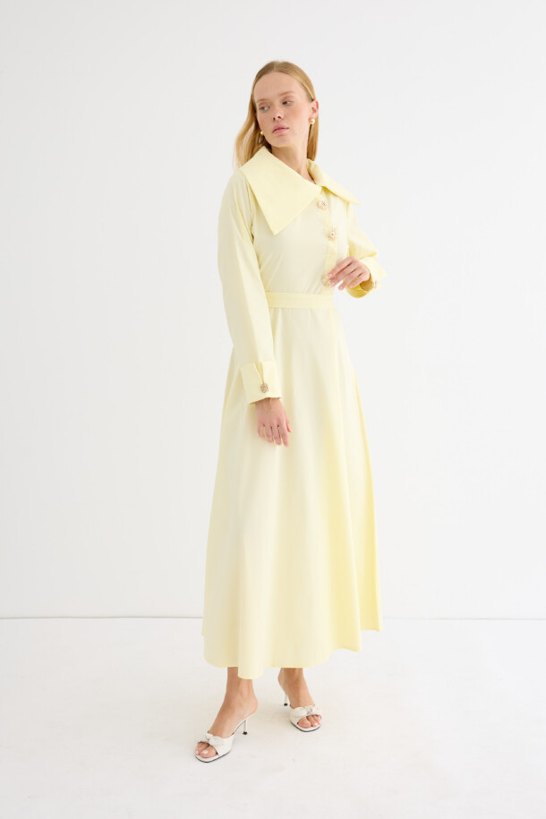 Broş Detaylı Asimetrik Yaka Poplin Elbise Soft Sarı - 3