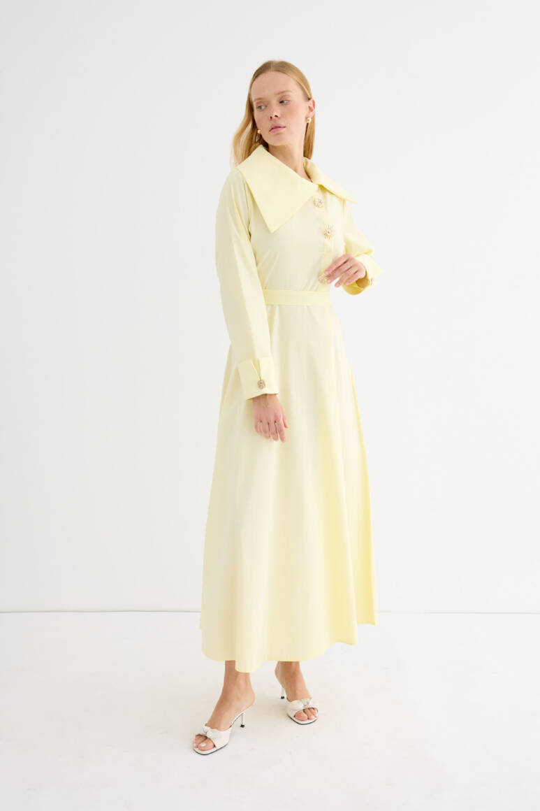 Broş Detaylı Asimetrik Yaka Poplin Elbise Soft Sarı - 3