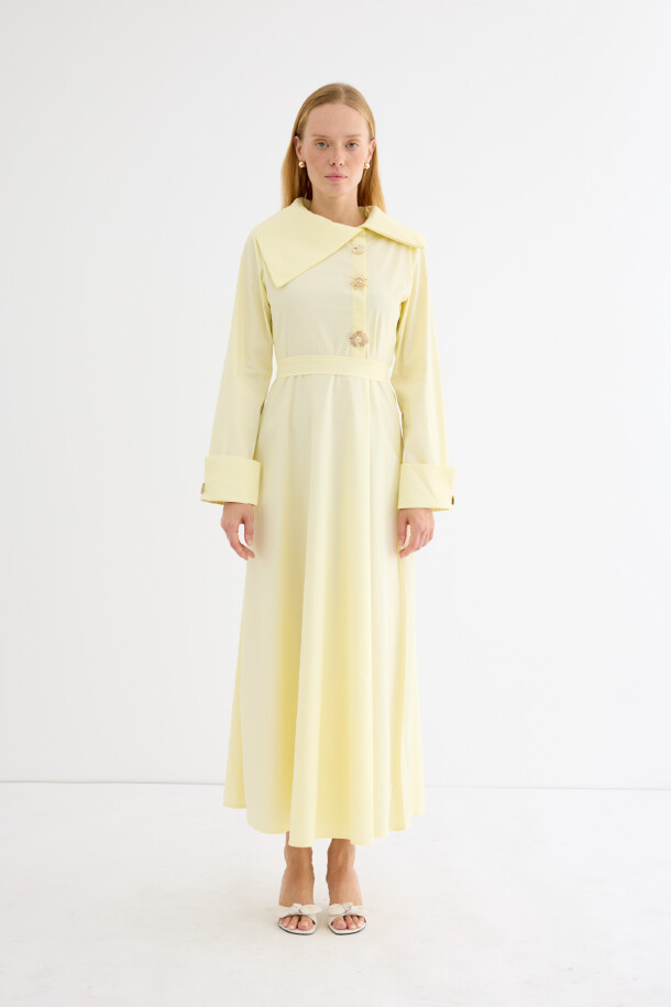 Broş Detaylı Asimetrik Yaka Poplin Elbise Soft Sarı - 1